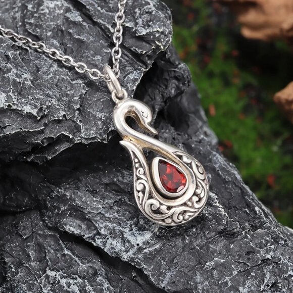 925 Sterling Silver Womens 2ct Red Ruby Gemstone Swan Pendant Necklace Jewelry